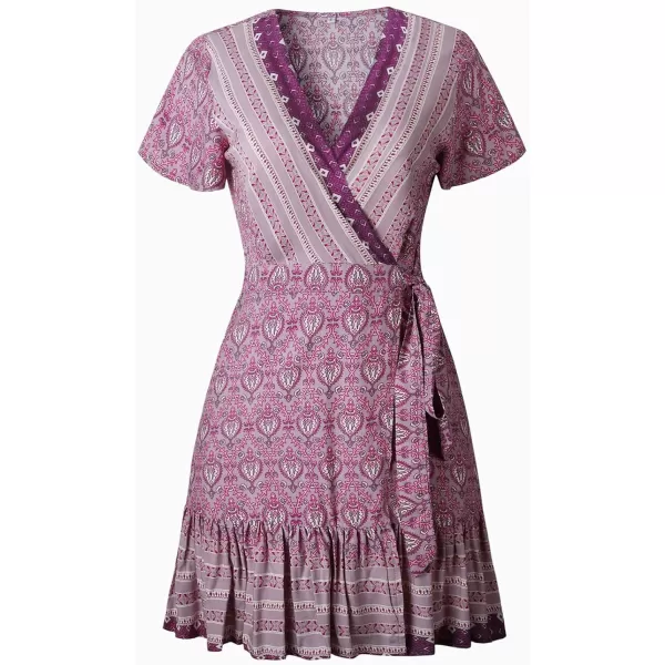 ZESICA Womens 2024 Summer Wrap V Neck Bohemian Floral Print Ruffle Swing A Line Beach Mini DressLavender