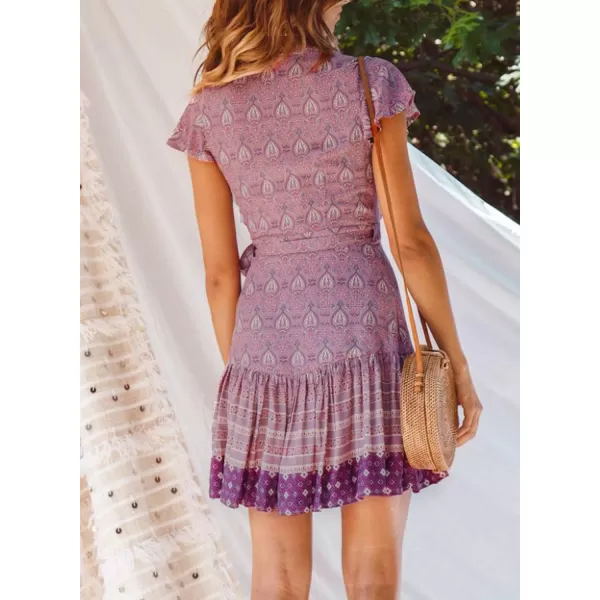 ZESICA Womens 2024 Summer Wrap V Neck Bohemian Floral Print Ruffle Swing A Line Beach Mini DressLavender