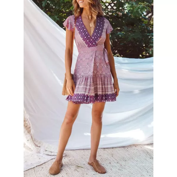 ZESICA Womens 2024 Summer Wrap V Neck Bohemian Floral Print Ruffle Swing A Line Beach Mini DressLavender