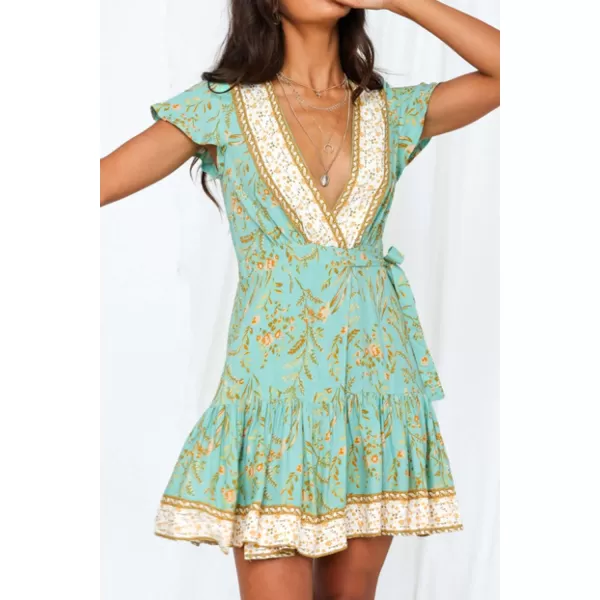 ZESICA Womens 2024 Summer Wrap V Neck Bohemian Floral Print Ruffle Swing A Line Beach Mini DressMint