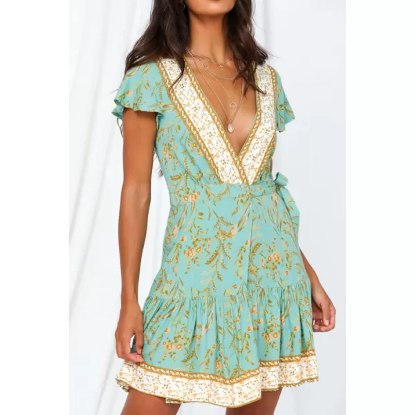 ZESICA Womens 2024 Summer Wrap V Neck Bohemian Floral Print Ruffle Swing A Line Beach Mini DressMint