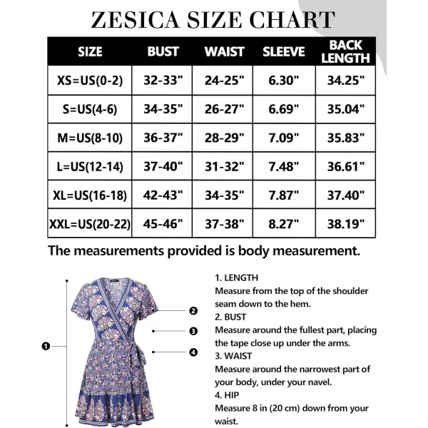 ZESICA Womens 2024 Summer Wrap V Neck Bohemian Floral Print Ruffle Swing A Line Beach Mini DressNavy2