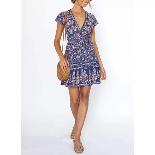 ZESICA Womens 2024 Summer Wrap V Neck Bohemian Floral Print Ruffle Swing A Line Beach Mini DressNavy2