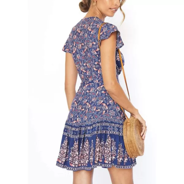 ZESICA Womens 2024 Summer Wrap V Neck Bohemian Floral Print Ruffle Swing A Line Beach Mini DressNavy2