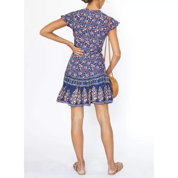 ZESICA Womens 2024 Summer Wrap V Neck Bohemian Floral Print Ruffle Swing A Line Beach Mini DressNavy2