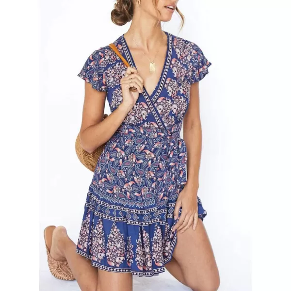 ZESICA Womens 2024 Summer Wrap V Neck Bohemian Floral Print Ruffle Swing A Line Beach Mini DressNavy2