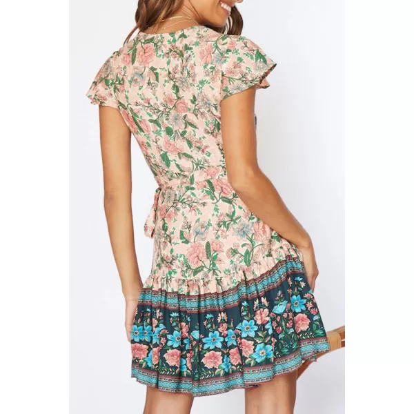 ZESICA Womens 2024 Summer Wrap V Neck Bohemian Floral Print Ruffle Swing A Line Beach Mini DressNude