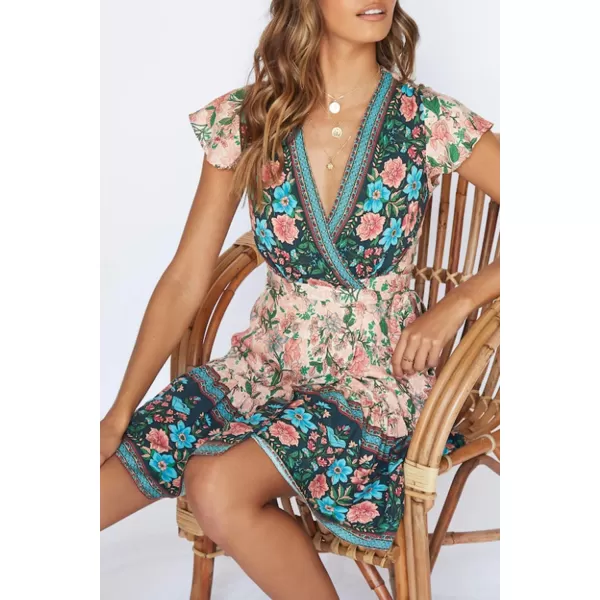 ZESICA Womens 2024 Summer Wrap V Neck Bohemian Floral Print Ruffle Swing A Line Beach Mini DressNude