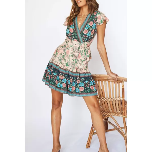 ZESICA Womens 2024 Summer Wrap V Neck Bohemian Floral Print Ruffle Swing A Line Beach Mini DressNude