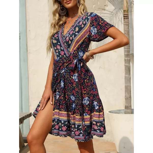 ZESICA Womens 2024 Summer Wrap V Neck Bohemian Floral Print Ruffle Swing A Line Beach Mini DressOceanablue