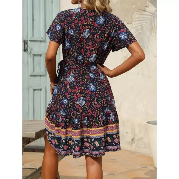 ZESICA Womens 2024 Summer Wrap V Neck Bohemian Floral Print Ruffle Swing A Line Beach Mini DressOceanablue