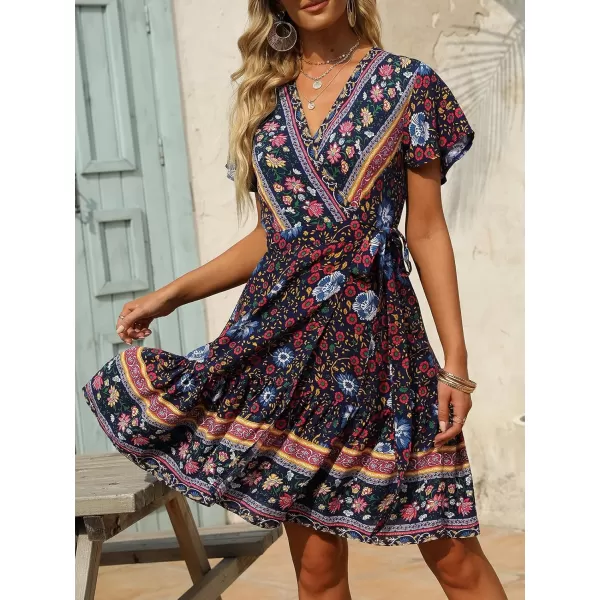 ZESICA Womens 2024 Summer Wrap V Neck Bohemian Floral Print Ruffle Swing A Line Beach Mini DressOceanablue