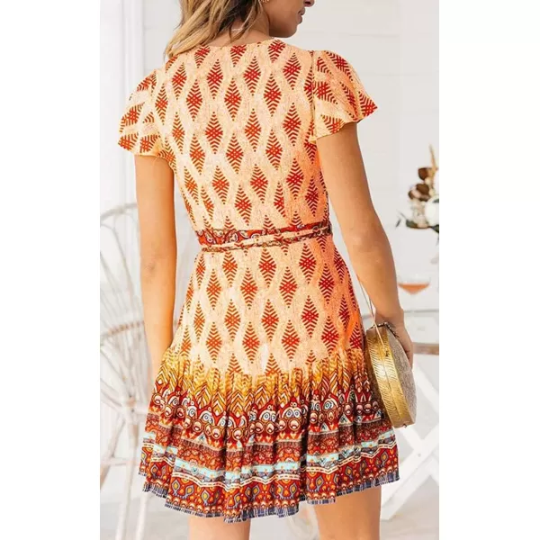 ZESICA Womens 2024 Summer Wrap V Neck Bohemian Floral Print Ruffle Swing A Line Beach Mini DressOrange