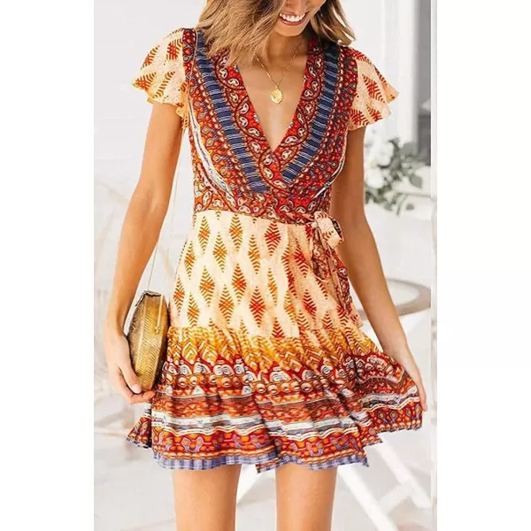 ZESICA Womens 2024 Summer Wrap V Neck Bohemian Floral Print Ruffle Swing A Line Beach Mini DressOrange