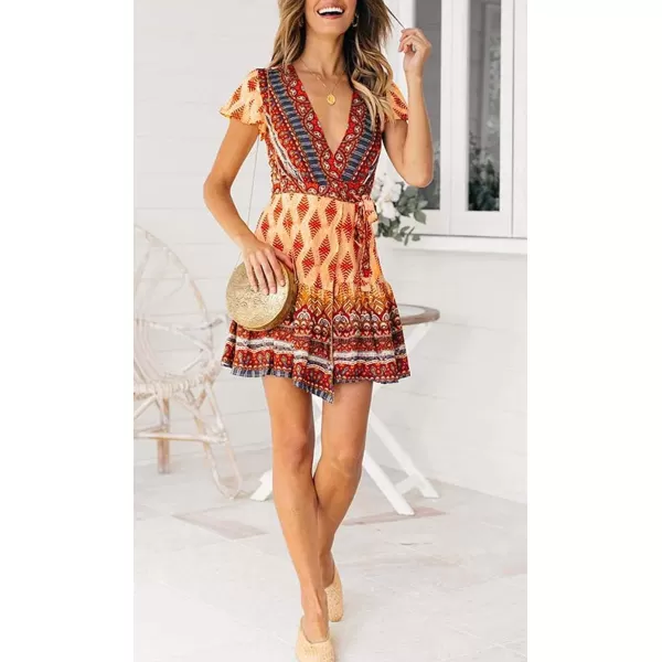 ZESICA Womens 2024 Summer Wrap V Neck Bohemian Floral Print Ruffle Swing A Line Beach Mini DressOrange