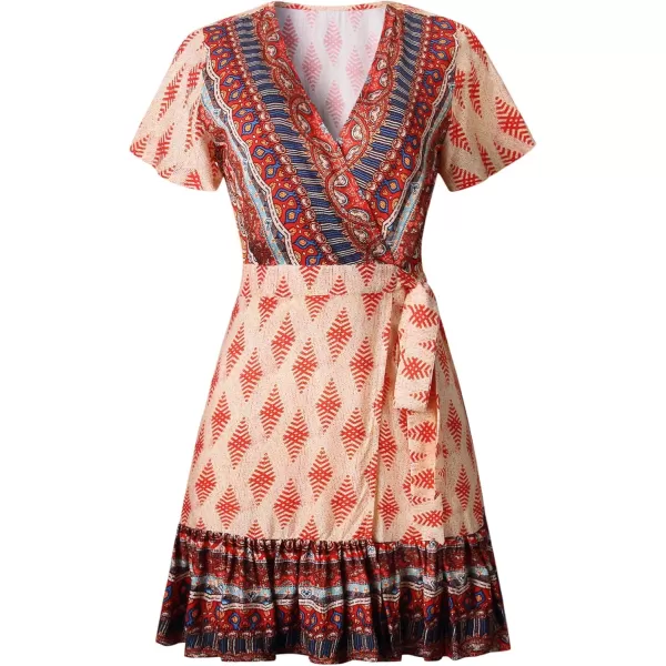 ZESICA Womens 2024 Summer Wrap V Neck Bohemian Floral Print Ruffle Swing A Line Beach Mini DressOrange