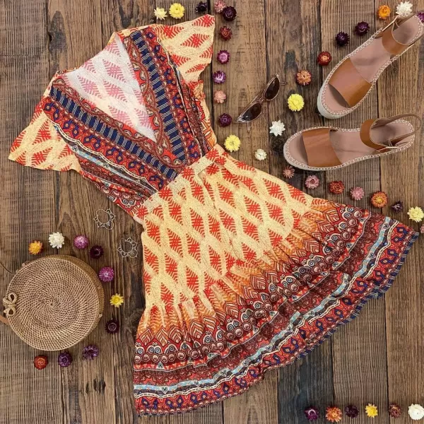 ZESICA Womens 2024 Summer Wrap V Neck Bohemian Floral Print Ruffle Swing A Line Beach Mini DressOrange