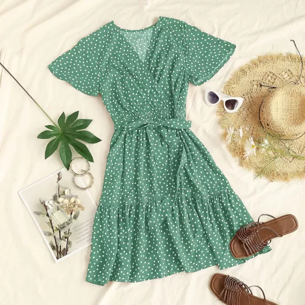 ZESICA Womens 2024 Summer Wrap V Neck Bohemian Floral Print Ruffle Swing A Line Beach Mini DressPalegreen