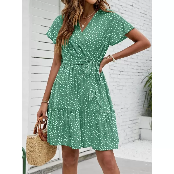 ZESICA Womens 2024 Summer Wrap V Neck Bohemian Floral Print Ruffle Swing A Line Beach Mini DressPalegreen
