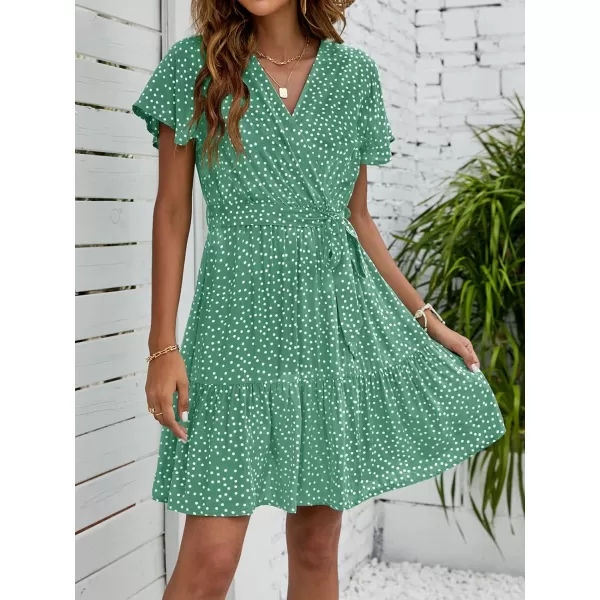 ZESICA Womens 2024 Summer Wrap V Neck Bohemian Floral Print Ruffle Swing A Line Beach Mini DressPalegreen