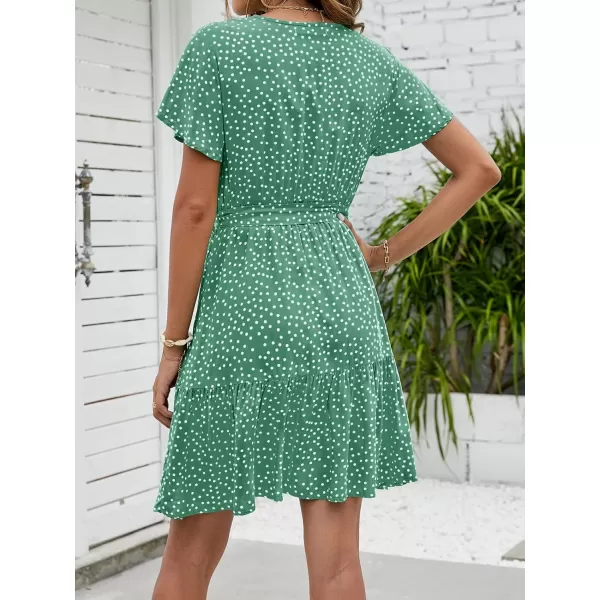 ZESICA Womens 2024 Summer Wrap V Neck Bohemian Floral Print Ruffle Swing A Line Beach Mini DressPalegreen