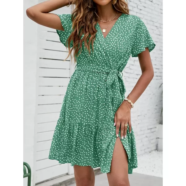 ZESICA Womens 2024 Summer Wrap V Neck Bohemian Floral Print Ruffle Swing A Line Beach Mini DressPalegreen
