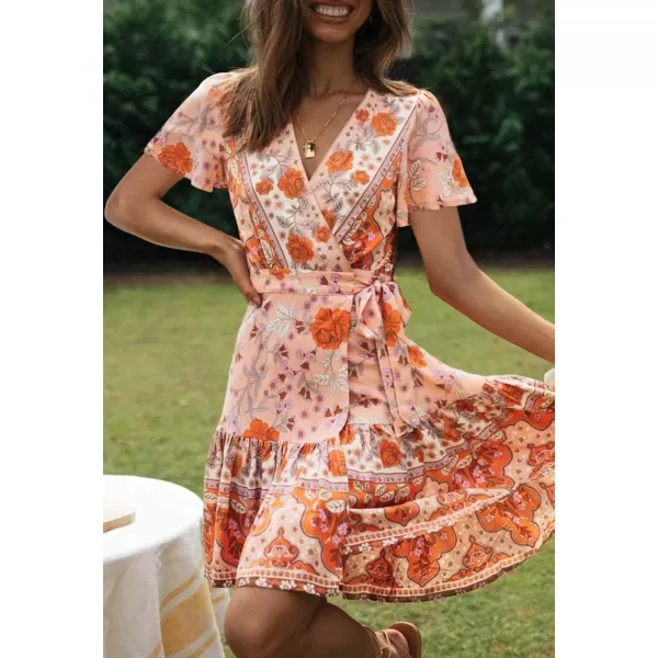 ZESICA Womens 2024 Summer Wrap V Neck Bohemian Floral Print Ruffle Swing A Line Beach Mini DressPeach