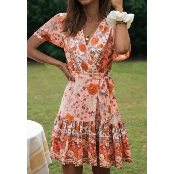 ZESICA Womens 2024 Summer Wrap V Neck Bohemian Floral Print Ruffle Swing A Line Beach Mini DressPeach