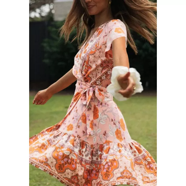 ZESICA Womens 2024 Summer Wrap V Neck Bohemian Floral Print Ruffle Swing A Line Beach Mini DressPeach