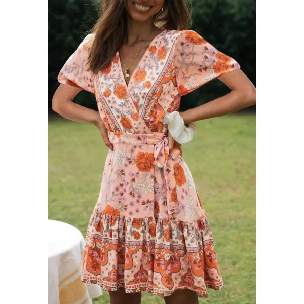 ZESICA Womens 2024 Summer Wrap V Neck Bohemian Floral Print Ruffle Swing A Line Beach Mini DressPeach