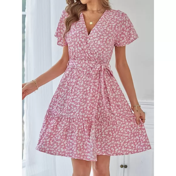 ZESICA Womens 2024 Summer Wrap V Neck Bohemian Floral Print Ruffle Swing A Line Beach Mini DressPink