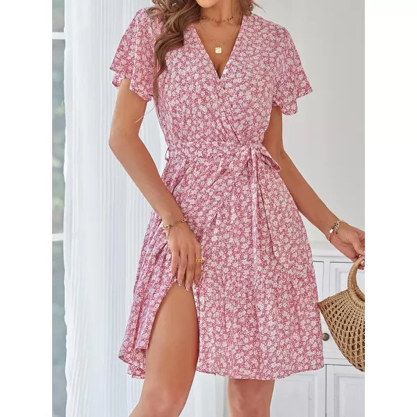 ZESICA Womens 2024 Summer Wrap V Neck Bohemian Floral Print Ruffle Swing A Line Beach Mini DressPink