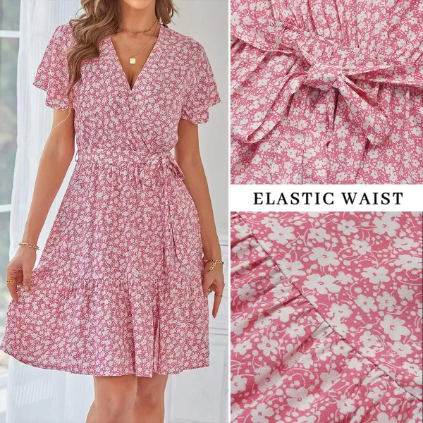 ZESICA Womens 2024 Summer Wrap V Neck Bohemian Floral Print Ruffle Swing A Line Beach Mini DressPink