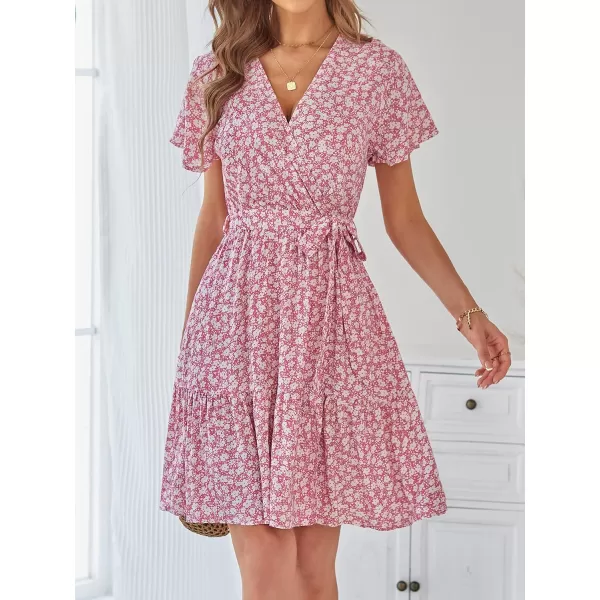 ZESICA Womens 2024 Summer Wrap V Neck Bohemian Floral Print Ruffle Swing A Line Beach Mini DressPink