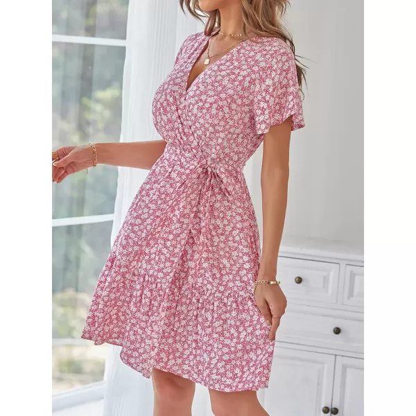 ZESICA Womens 2024 Summer Wrap V Neck Bohemian Floral Print Ruffle Swing A Line Beach Mini DressPink