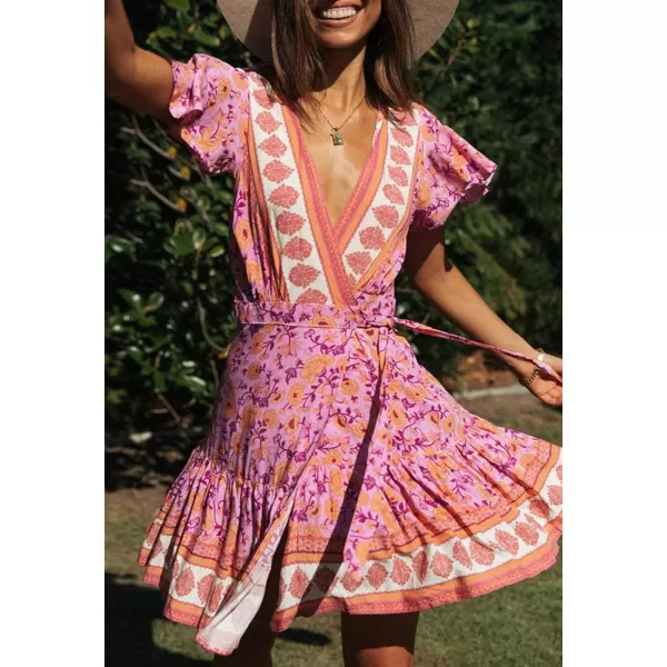 ZESICA Womens 2024 Summer Wrap V Neck Bohemian Floral Print Ruffle Swing A Line Beach Mini DressPinkpurple