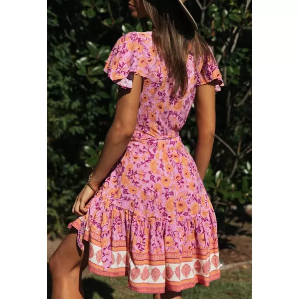 ZESICA Womens 2024 Summer Wrap V Neck Bohemian Floral Print Ruffle Swing A Line Beach Mini DressPinkpurple
