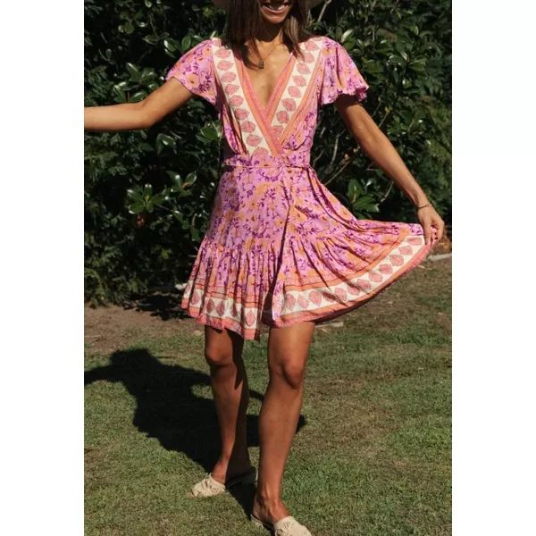 ZESICA Womens 2024 Summer Wrap V Neck Bohemian Floral Print Ruffle Swing A Line Beach Mini DressPinkpurple