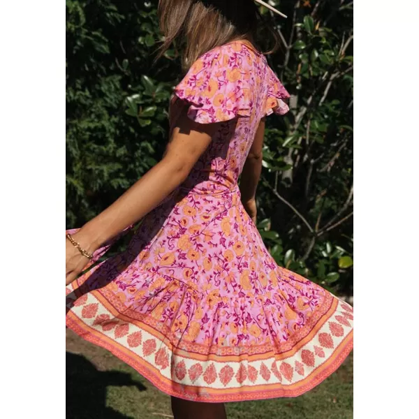 ZESICA Womens 2024 Summer Wrap V Neck Bohemian Floral Print Ruffle Swing A Line Beach Mini DressPinkpurple