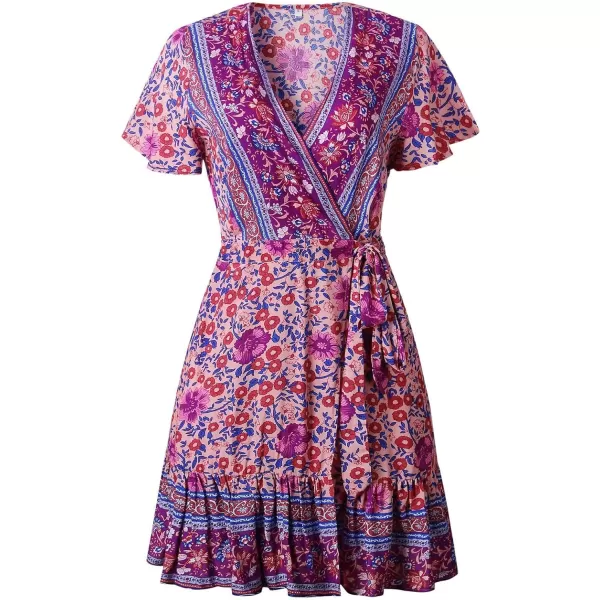 ZESICA Womens 2024 Summer Wrap V Neck Bohemian Floral Print Ruffle Swing A Line Beach Mini DressPurple