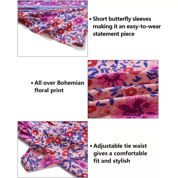 ZESICA Womens 2024 Summer Wrap V Neck Bohemian Floral Print Ruffle Swing A Line Beach Mini DressPurple