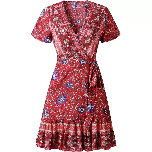 ZESICA Womens 2024 Summer Wrap V Neck Bohemian Floral Print Ruffle Swing A Line Beach Mini DressRed