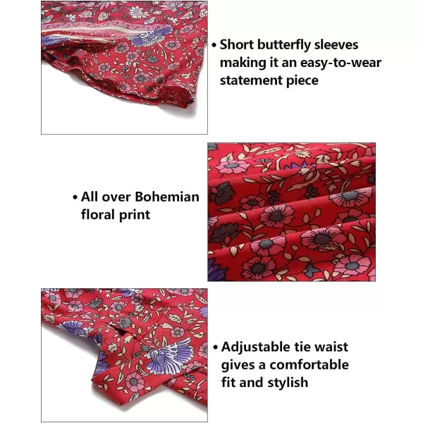 ZESICA Womens 2024 Summer Wrap V Neck Bohemian Floral Print Ruffle Swing A Line Beach Mini DressRed
