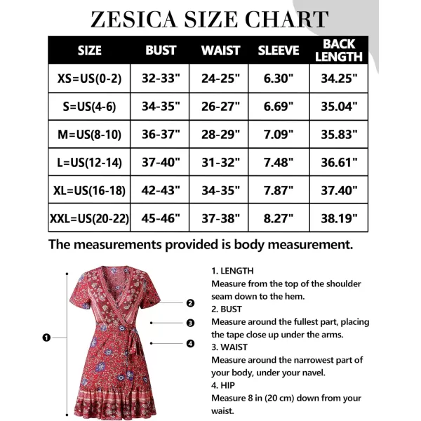 ZESICA Womens 2024 Summer Wrap V Neck Bohemian Floral Print Ruffle Swing A Line Beach Mini DressRed