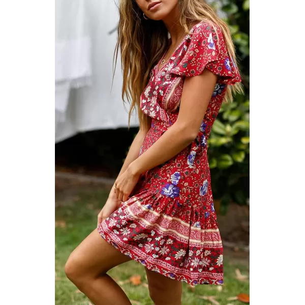 ZESICA Womens 2024 Summer Wrap V Neck Bohemian Floral Print Ruffle Swing A Line Beach Mini DressRed