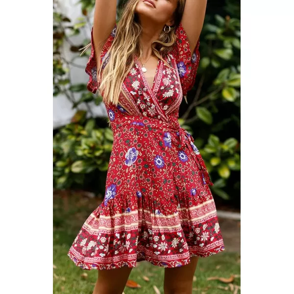 ZESICA Womens 2024 Summer Wrap V Neck Bohemian Floral Print Ruffle Swing A Line Beach Mini DressRed