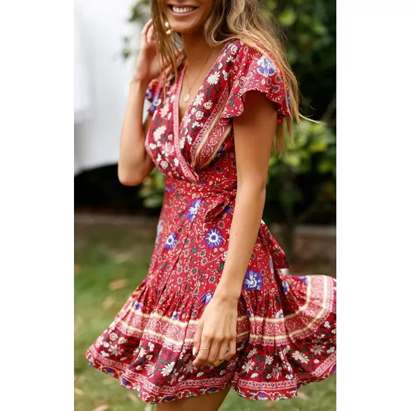 ZESICA Womens 2024 Summer Wrap V Neck Bohemian Floral Print Ruffle Swing A Line Beach Mini DressRed