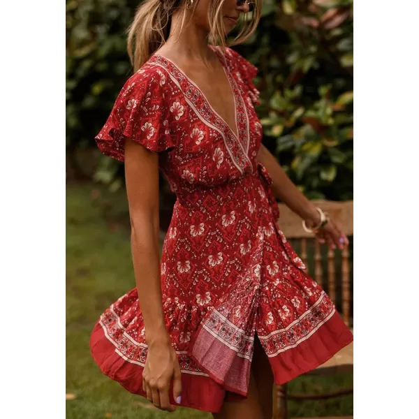 ZESICA Womens 2024 Summer Wrap V Neck Bohemian Floral Print Ruffle Swing A Line Beach Mini DressRed2