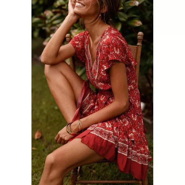 ZESICA Womens 2024 Summer Wrap V Neck Bohemian Floral Print Ruffle Swing A Line Beach Mini DressRed2