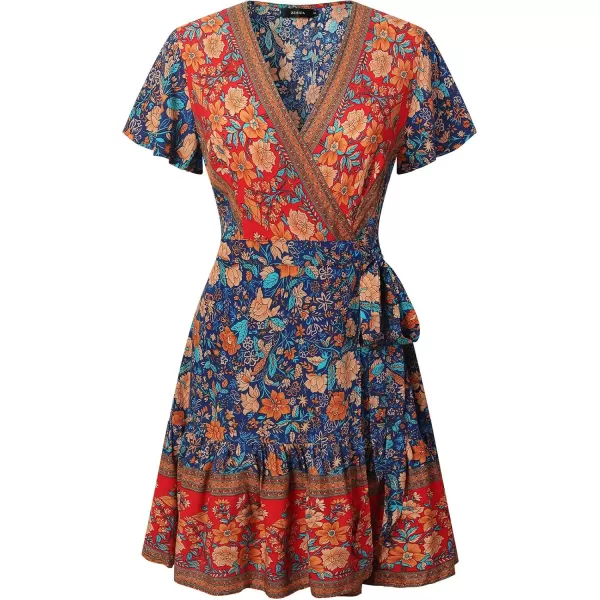 ZESICA Womens 2024 Summer Wrap V Neck Bohemian Floral Print Ruffle Swing A Line Beach Mini DressRoyal Blue